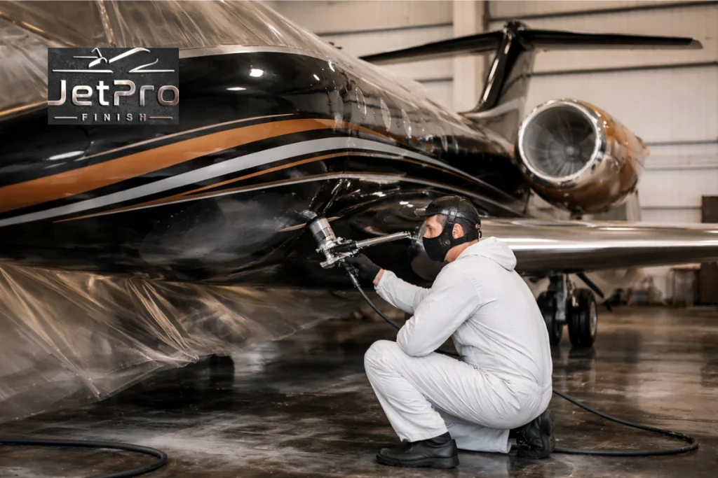 Private jet repainting inside hangar showing technician spraying aircraft paint during private jet paint job cost process